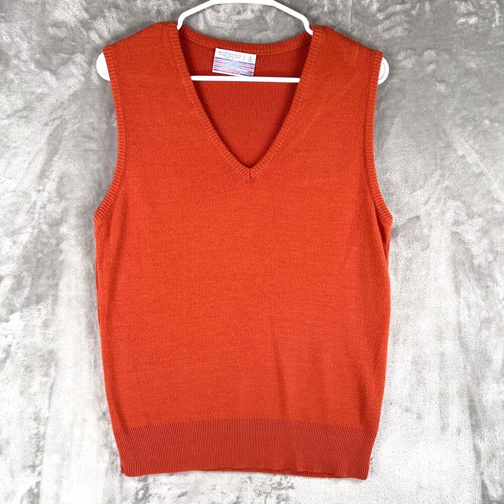 Vintage Sears Put-On Shop Sweater Vest Men’s S 34-36 Orange V-Neck 60s 70s